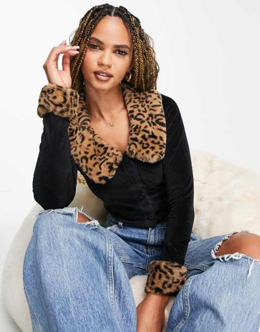 ASOS DESIGN - Vestje met kraag van imitatiebont met dierenprint in zwart
