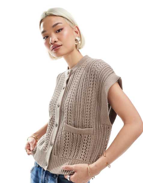 ASOS DESIGN - Veston coupe carrée en maille pointelle avec col ras de cou - Taupe - view 1