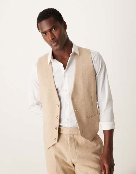 ASOS DESIGN - Veston de costume ajusté en laine à mini motif pied-de-poule - Beige - view 1
