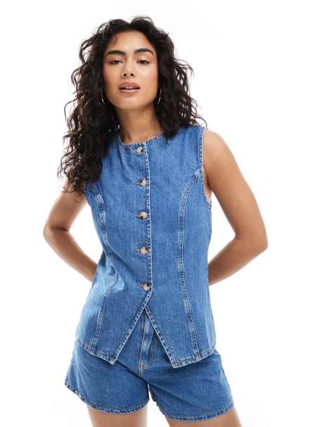ASOS DESIGN - Veston d'ensemble en denim à bretelles fines - Bleu moyen - view 1