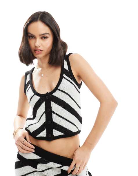 ASOS DESIGN - Veston d'ensemble en maille rayée à bretelles fines - Noir et blanc - view 1