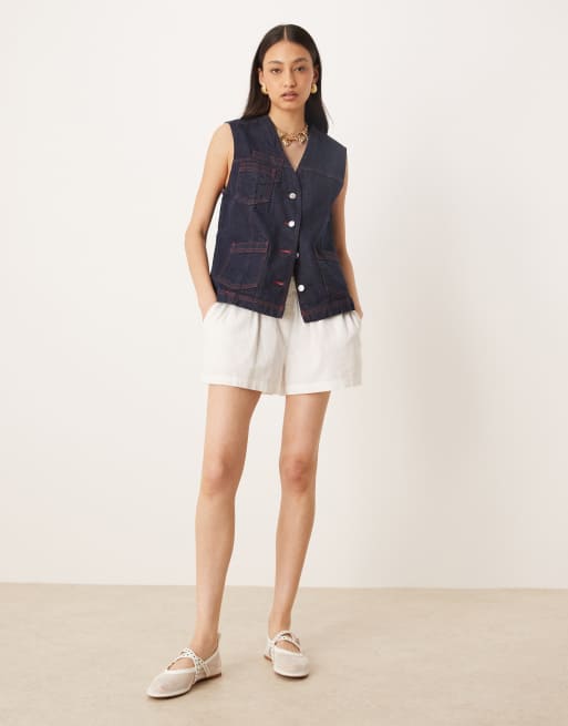 ASOS DESIGN Veston en jean à surpiqûres rouges contrastées