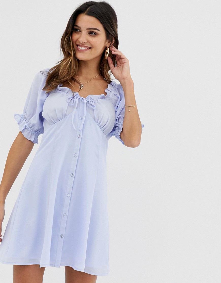 ASOS DESIGN - Vid babydoll-klänning i minilängd med hjärtformad urringning och knappar-Blå