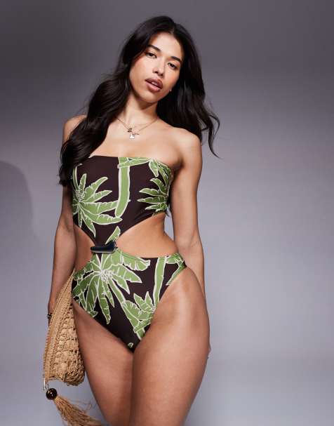 ASOS DESIGN – Vida – Baddräkt i bandeau-modell med palmtryck och metalldetalj - view 1
