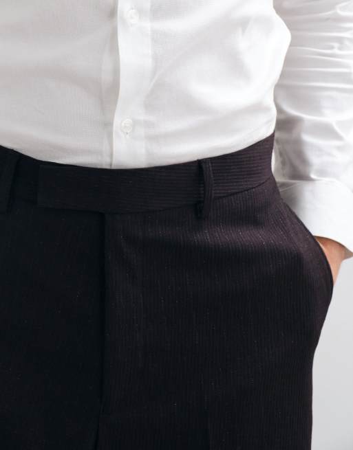 ASOS DESIGN vida kostymbyxor i bordeaux med metallisk nålrand, 2 av 5