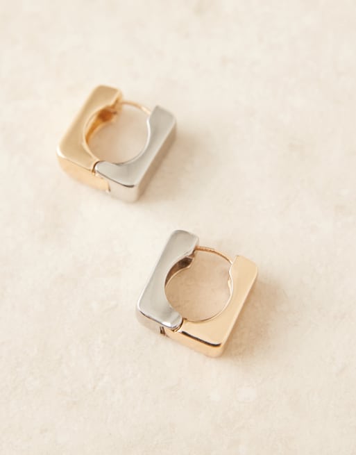 ASOS DESIGN - Vierkante brede oorringen in gemixte goud- en zilverkleur, 2 van 3