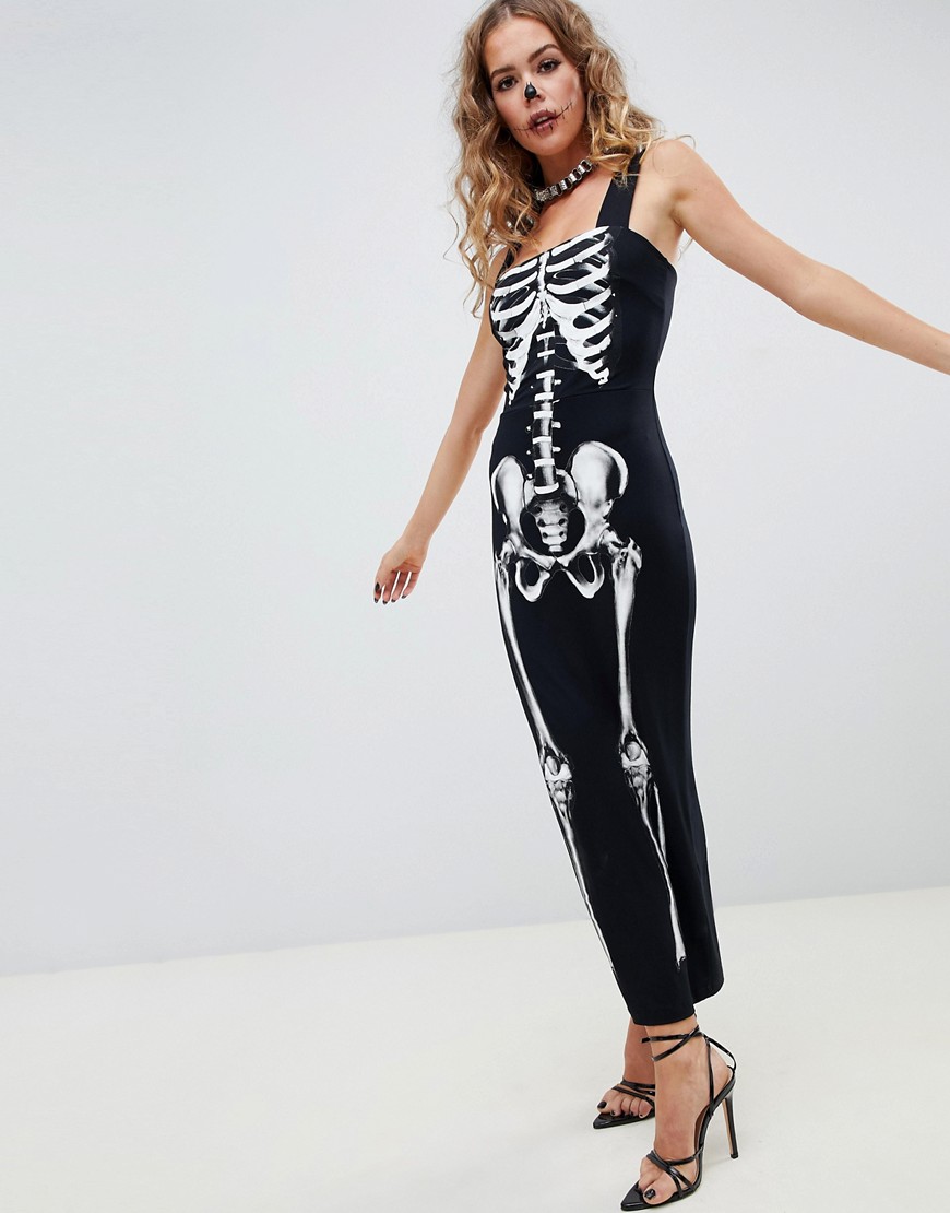 ASOS DESIGN - Vierkante lange jurk met halloween en skeletten-Zwart