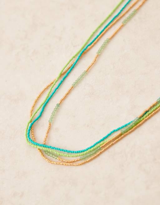 ASOS DESIGN – Vierreihige Bauchkette mit Perlen in Blau, Grün und Goldoptik, 2 von 3