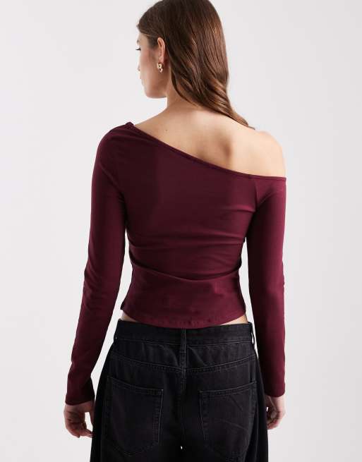ASOS DESIGN - Vindruefarvet offshoulder-top med lange ærmer i bomuld, 2 af 4