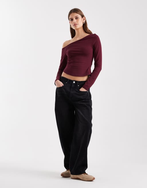 ASOS DESIGN - Vindruefarvet offshoulder-top med lange ærmer i bomuld, 4 af 4