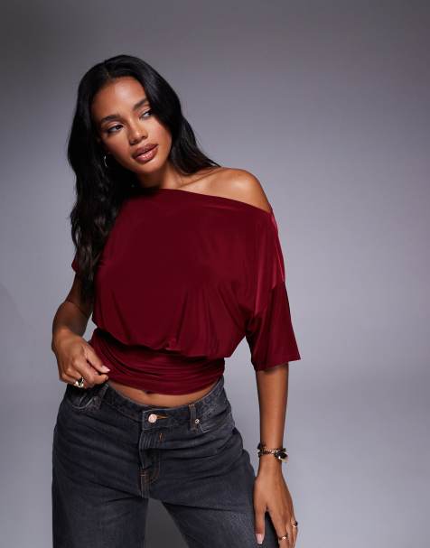 ASOS DESIGN - Vinrød asymmetrisk oneshoulder-top med korte ærmer og indsyet talje - view 1