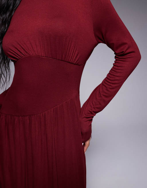 ASOS DESIGN - Vinrød langærmet maxikjole med lige hals og sømdetaljer, 4 af 4