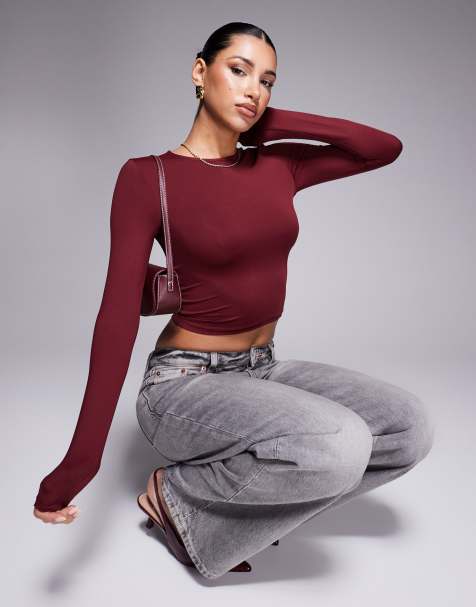 ASOS DESIGN – Vinröd, åtsmitande topp i polyamid med långa ärmar - view 1