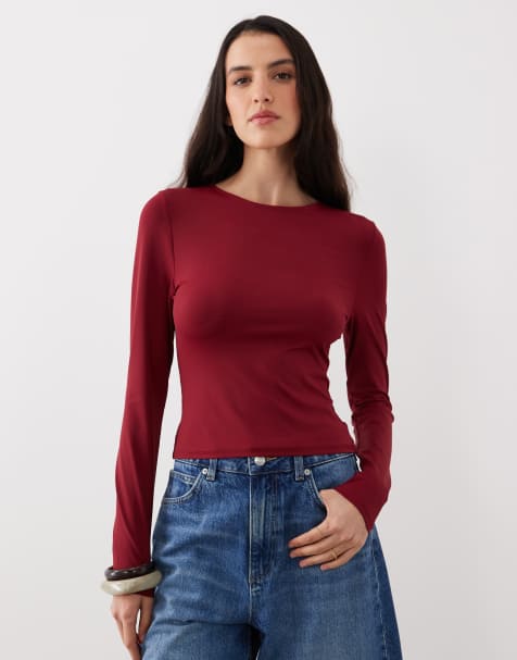 ASOS DESIGN – Vinröd, åtsmitande topp i polyamid med långa ärmar - view 1