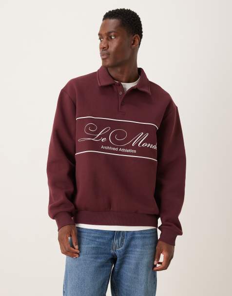 ASOS DESIGN – Vinröd, avslappnad sweatshirt med pikékrage, passpoaler och broderi - view 1