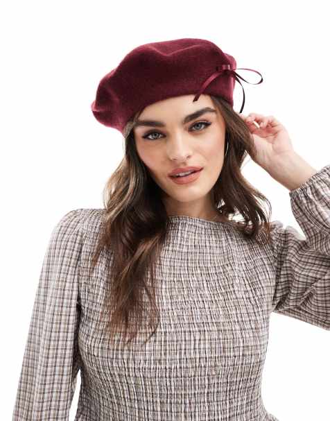 ASOS DESIGN – Vinröd basker med rosett i ull - view 1