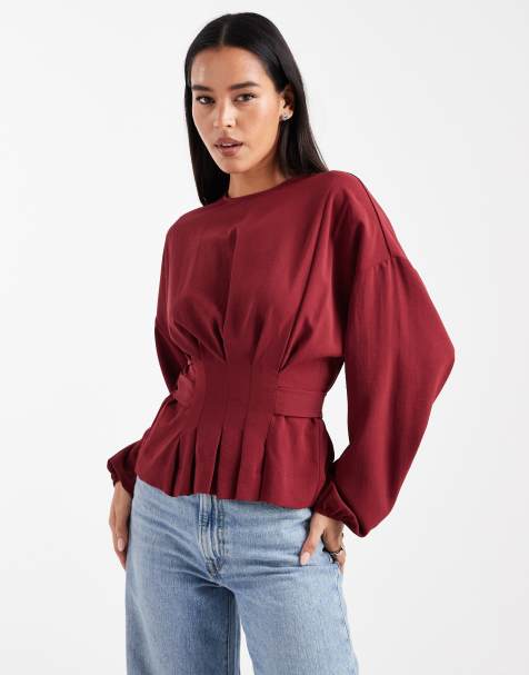 ASOS DESIGN – Vinröd blus med markerad midja och knytning baktill - view 1