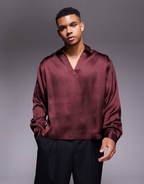ASOS DESIGN – Vinröd, boxig skjorta i satin och oversize utan öppning - view 1
