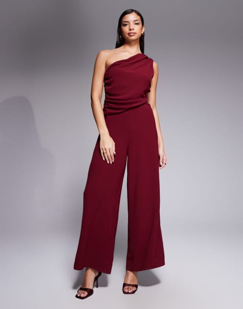 ASOS DESIGN – Vinröd, enaxlad jumpsuit med drapering - view 1