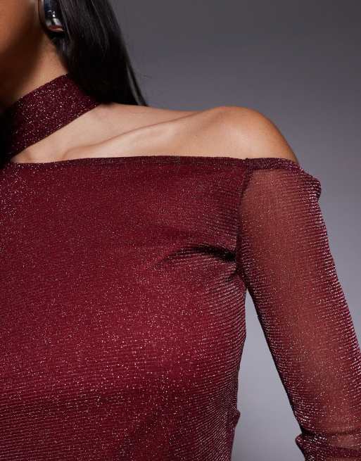 ASOS DESIGN – Vinröd, enaxlad topp i glittrig mesh med scarfdetalj, 4 av 4