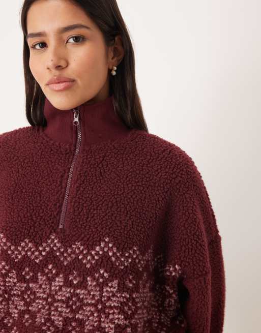 ASOS DESIGN – Vinröd, fairisle-mönstrad loungetröja med ståkrage i teddy, 3 av 4