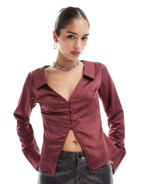 ASOS DESIGN – Vinröd, figurnära skjorta i satin - view 1