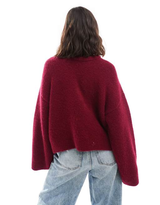 ASOS DESIGN – Vinröd, fluffig, stickad tröja med vida ärmar, 3 av 4