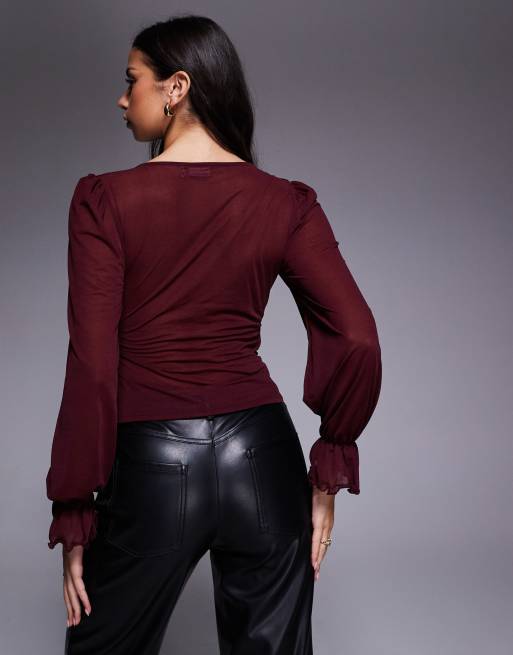 ASOS DESIGN – Vinröd, halvskir topp med v-ringning och långa ärmar, 4 av 4