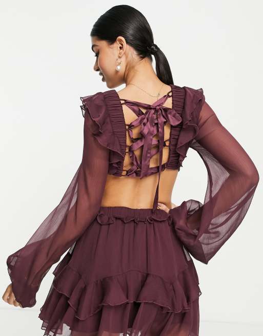 ASOS DESIGN – Vinröd kort topp i chiffong med elastisk midja och snörning baktill, del av set, 2 av 4