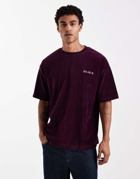 ASOS DESIGN – Vinröd, kraftig t-shirt i oversize med broderi på bröstet och textur - view 1