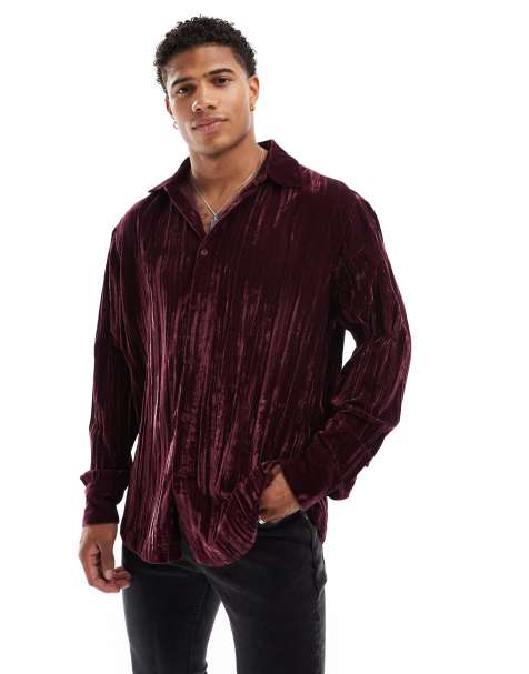 ASOS DESIGN – Vinröd, krinklad sammetsskjorta i regular fit - view 1