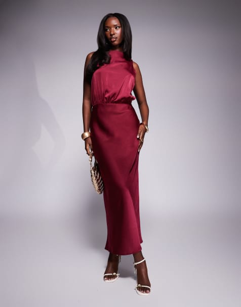 ASOS DESIGN – Vinröd, lång blusklänning i satin med fyrkantig ringning - view 1