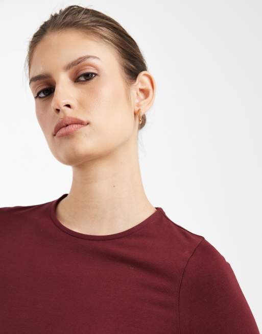 ASOS DESIGN – Vinröd, långärmad t-shirt i stretchig bomull med rund halsringning, 2 av 4