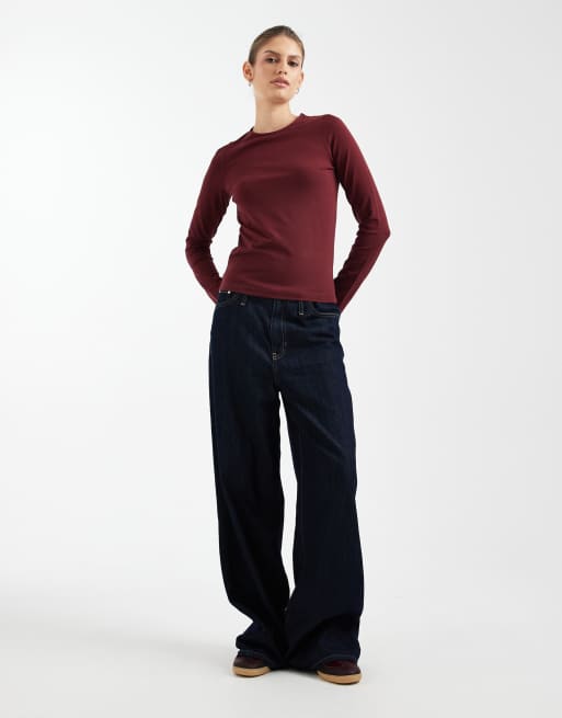 ASOS DESIGN – Vinröd, långärmad t-shirt i stretchig bomull med rund halsringning, 3 av 4