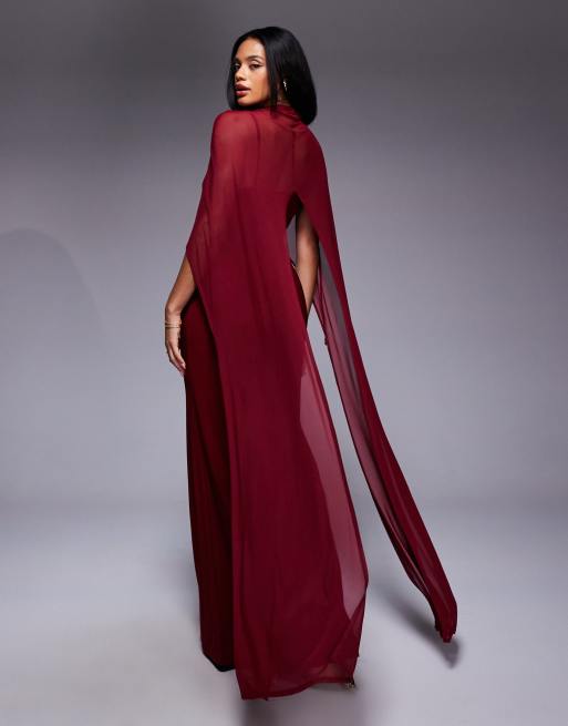 ASOS DESIGN – Vinröd maxiklänning med lång cape, 3 av 4