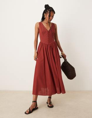 ASOS DESIGN – Vinröd maxiklänning med v-ringning, knäppning och sänkt midja - view 1