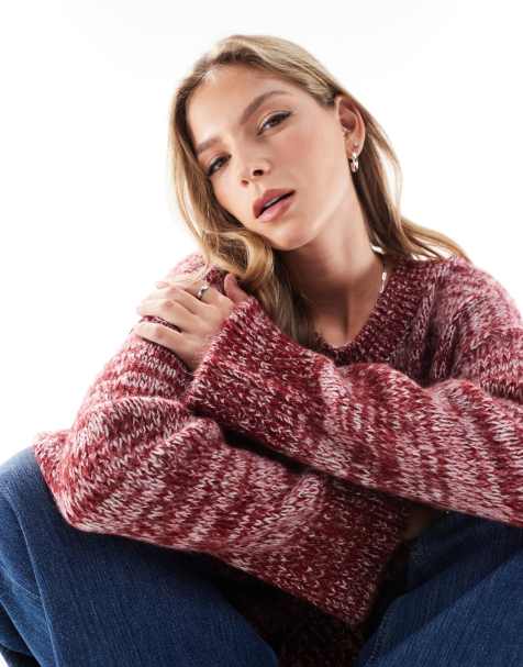 ASOS DESIGN – Vinröd, melerad och fluffigt stickad tröja i oversize med v-ringning - view 1