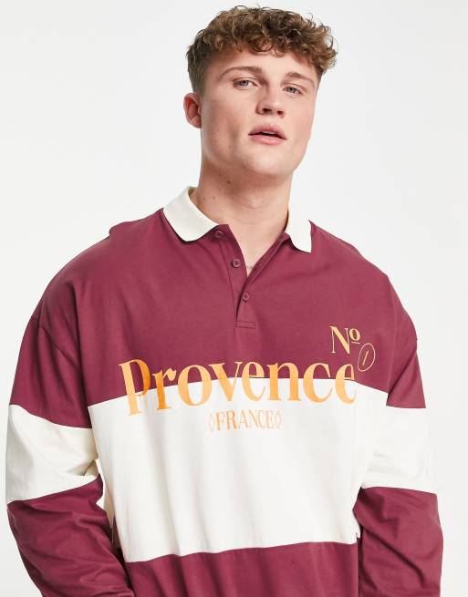 ASOS DESIGN – Vinröd och naturvit långärmad pikétröja i oversize med text