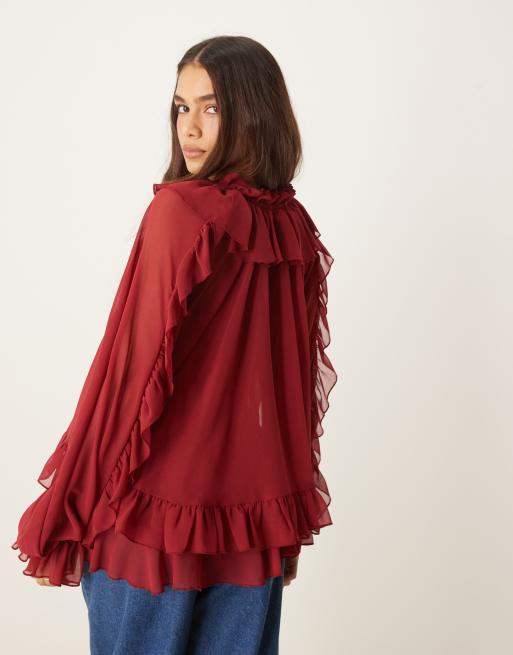 ASOS DESIGN – Vinröd, panelsydd blus med långa ärmar och volang, 4 av 4