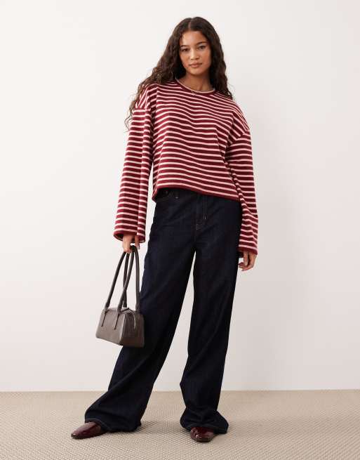 ASOS DESIGN – Vinröd, randig, borstad topp med boxig passform och vida ärmar, 4 av 4