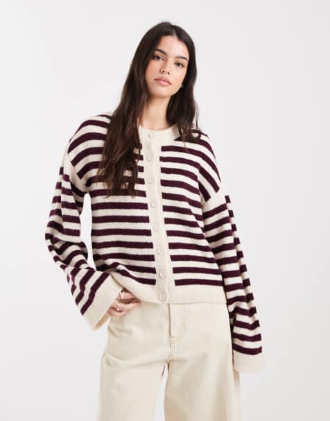 ASOS DESIGN – Vinröd, randig, fluffigt stickad kofta - view 1