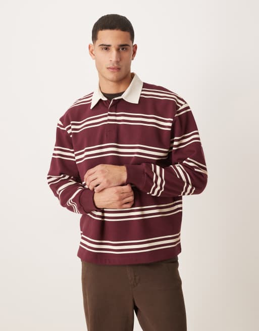 ASOS DESIGN – Vinröd, randig rugbytröja med avslappnad passform och kontrastfärgad krage