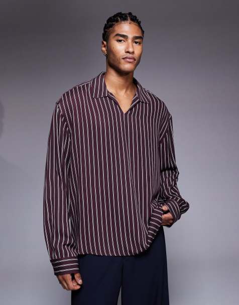 ASOS DESIGN – Vinröd, randig skjorta som träs över huvudet i oversize och boxig passform - view 1