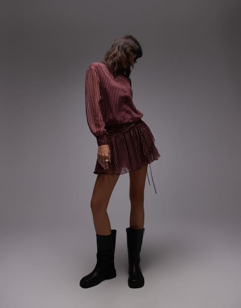 ASOS DESIGN – Vinröd, randig skjortklänning i chiffong med kort volangkjol - view 1