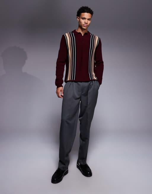 ASOS DESIGN – Vinröd, randig, stickad pikétröja med långa ärmar, 2 av 5