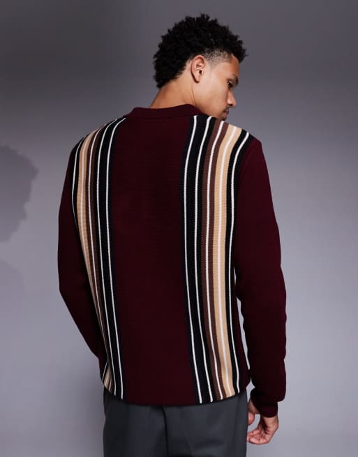 ASOS DESIGN – Vinröd, randig, stickad pikétröja med långa ärmar, 3 av 5