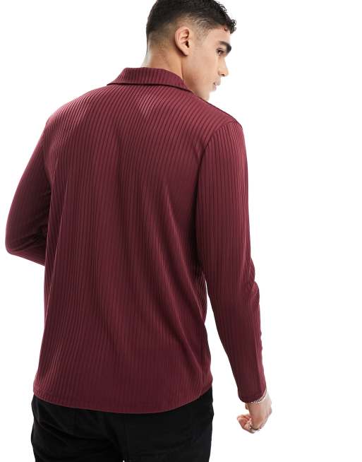 ASOS DESIGN – Vinröd, ribbad och långärmad skjorta i jersey med platt krage, 2 av 4