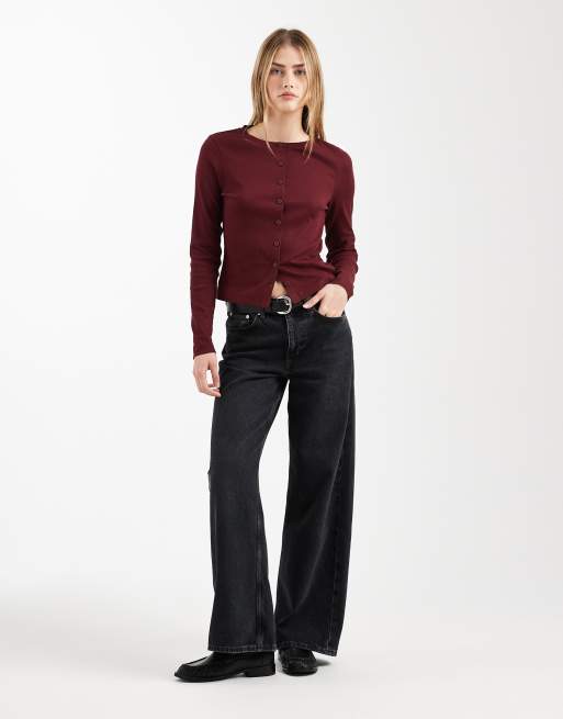 ASOS DESIGN – Vinröd, ribbad topp i bomull med rund halsringning och knäppning, 3 av 4