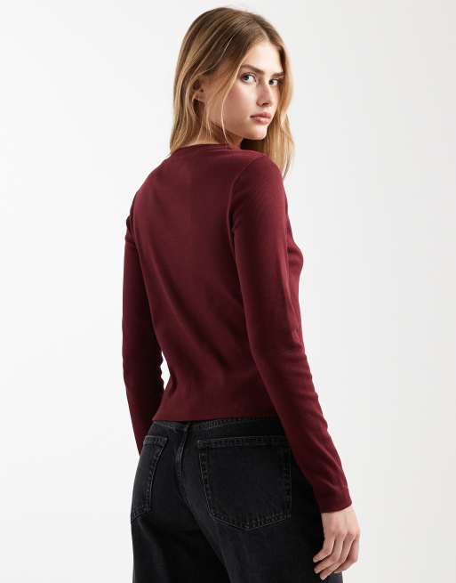 ASOS DESIGN – Vinröd, ribbad topp i bomull med rund halsringning och knäppning, 4 av 4