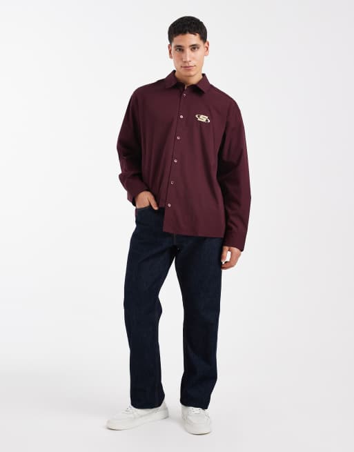 ASOS DESIGN – Vinröd skjorta i oversized fit med broderi på bröstet, 2 av 5